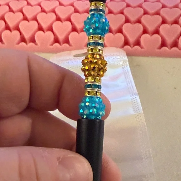 Home made Blue and Gold  Bejeweled Beaded refillable ballpoint Pen - Picture 3 of 5